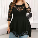 Plus Size Dames T-shirt met Kantenpaneel en Onregelmatige Zoom – 3/4 Mouw Ronde Hals, Comfortabele Polyester Tops Dames-1