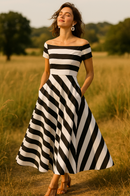 Gestreepte Avondjurk Dames – Off Shoulder Elegantie in Beweging