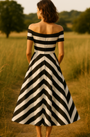 Gestreepte Avondjurk Dames – Off Shoulder Elegantie in Beweging