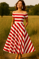 Gestreepte Avondjurk Dames – Off Shoulder Elegantie in Beweging