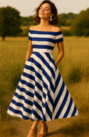 Gestreepte Avondjurk Dames – Off Shoulder Elegantie in Beweging